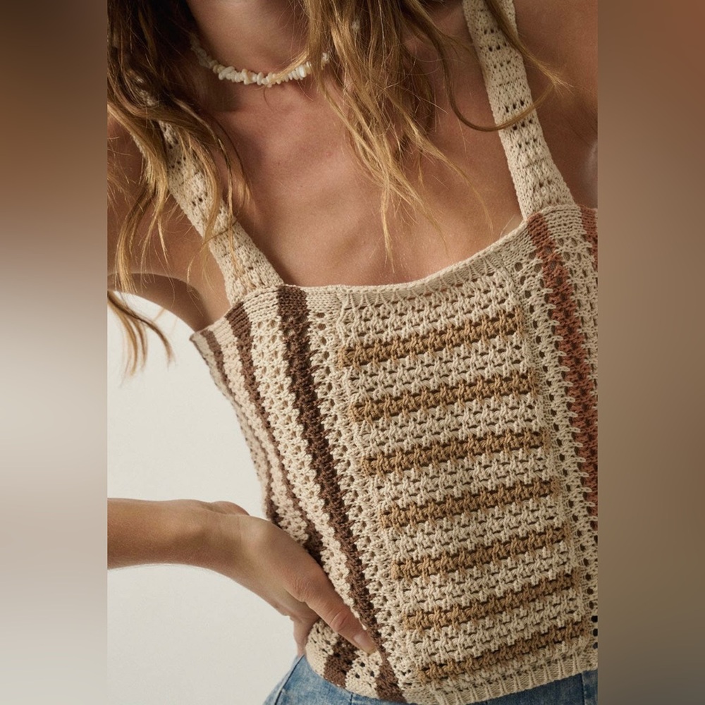 Promesa Crocheted Striped Crop Top in Cream, Tan & Brown